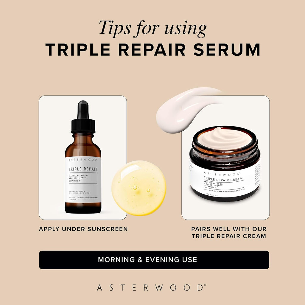Asterwood Triple Repair Matrixyl 3000 + Argireline + Hyaluronic Acid + Vitamin C Serum for Face - Anti-Aging, Collagen Boosting, Hydrating - Fragrance-Free - 8 Fl Oz