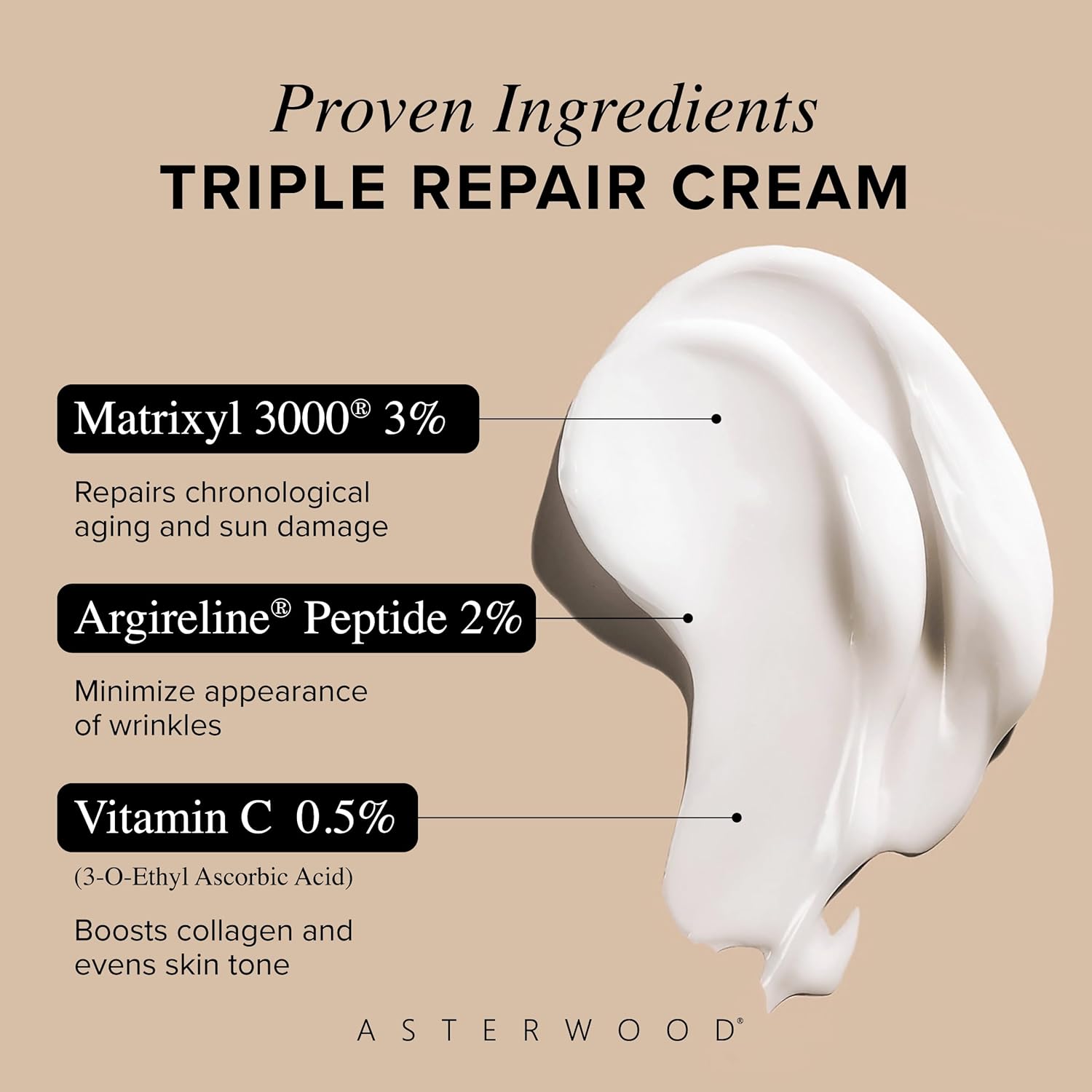 Asterwood Matrixyl 3000, Argireline Peptide, Vitamin C Cream - Triple Repair - with Hyaluronic Acid - Anti-Aging, Wrinkle Reducing, Hydrating - Fragrance-Free - 1.7 Fl Oz