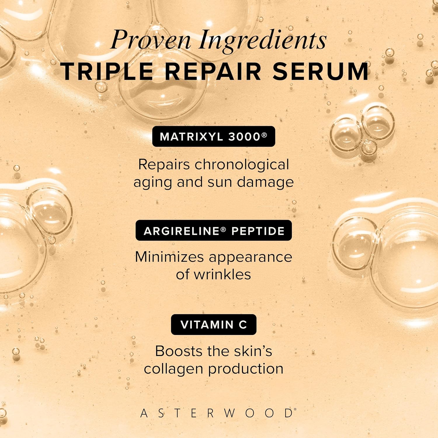 Asterwood Triple Repair Matrixyl 3000 + Argireline + Hyaluronic Acid + Vitamin C Serum for Face - Anti-Aging, Collagen Boosting, Hydrating - Fragrance-Free - 8 Fl Oz